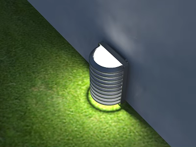 Silver Metal Striped Outdoor Wall Light Illuminating Green Grass At Gray Wall Corner 3d model
