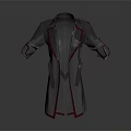 Gray Trench Coat With Red Trim Open Front And Belt Detail Design
