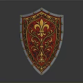 Medieval Shield with Red Surface Intricate Golden Patterns and Silver Metallic Edges