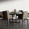 Modern Round Dining Table Set with Six Brown Chairs White Walls and Dark Wooden Floor