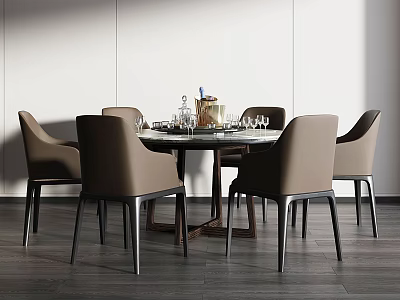 Modern Round Dining Table Set with Six Brown Chairs White Walls and Dark Wooden Floor 3d model