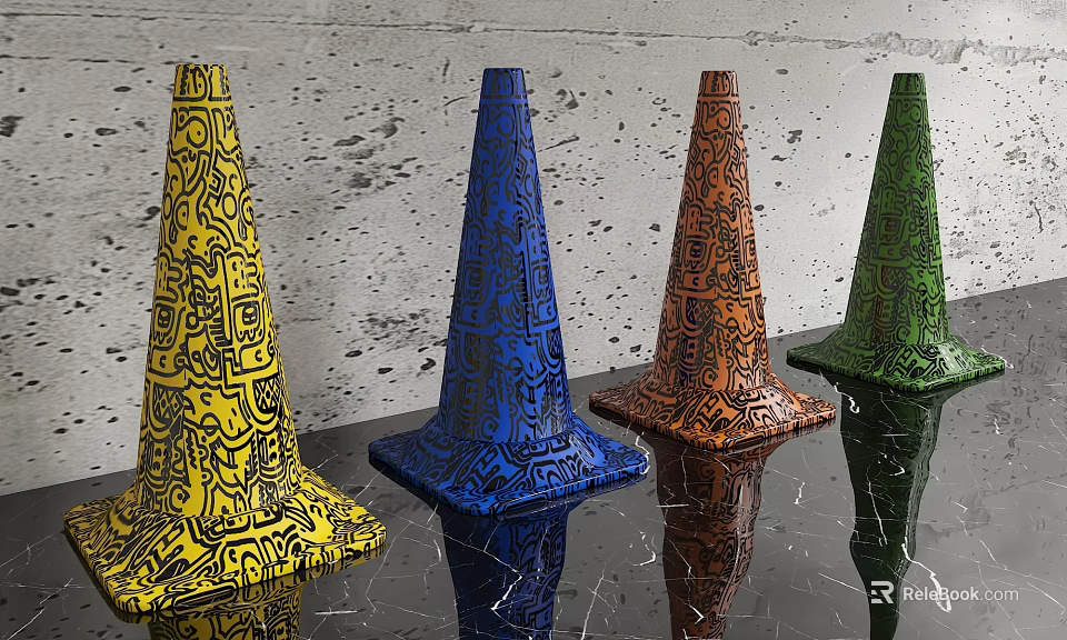 Yellow Blue Orange Green Patterned Traffic Cones For Road Safety Facilities 3d model 