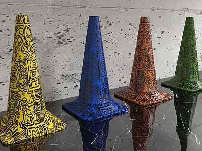 Yellow Blue Orange Green Patterned Traffic Cones For Road Safety Facilities 3d model