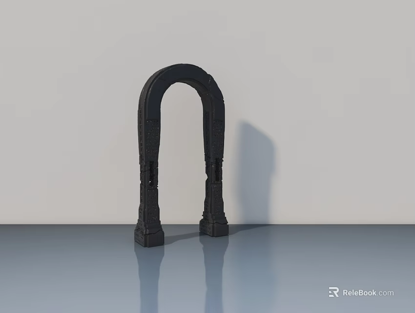 Black Swing Door with Arched Design and Pillar Frame on Smooth Surface White Wall 3d model 