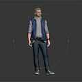 Blond Male Character In Blue Vest With Gray Top And Companion Creature Standing Together