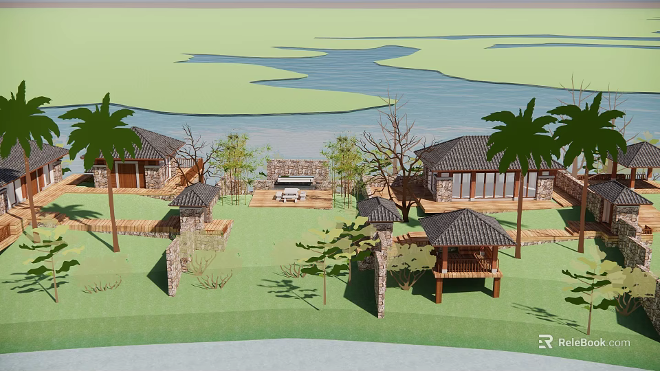Detached Villa With River View Palm Trees Stone Walls Terrace And Pavilion On Lawn 3d model 