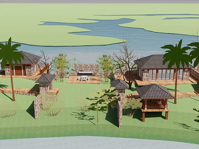 Detached Villa With River View Palm Trees Stone Walls Terrace And Pavilion On Lawn 3d model