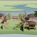 Detached Villa With River View Palm Trees Stone Walls Terrace And Pavilion On Lawn