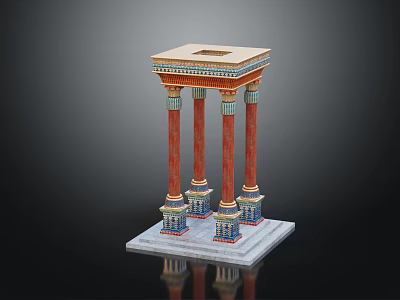 Classical Multiple Columns With Red Shafts Blue Gold Decorations Square Base And Pedestal Top 3d model