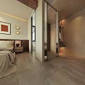 Modern Homestay Guest Room Interior With King Bed Decorative Painting And Large Window