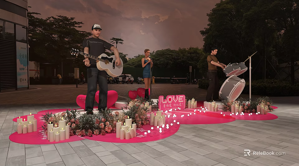 Outdoor Music Performance With Guitar Singer Drums Love Sign Heart Decorations Candles And Flowers 3d model 