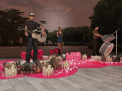 Outdoor Music Performance With Guitar Singer Drums Love Sign Heart Decorations Candles And Flowers 3d model