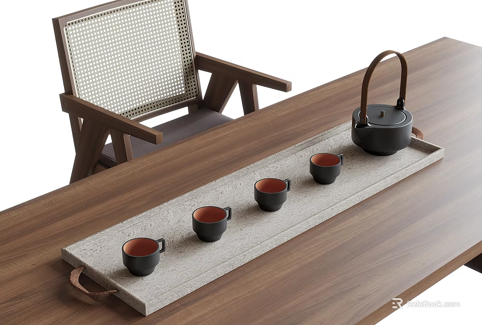 Elegant Tea Set with Teapot Teacups on Gray Tray Wooden Table and Rattan Chair 3d model 