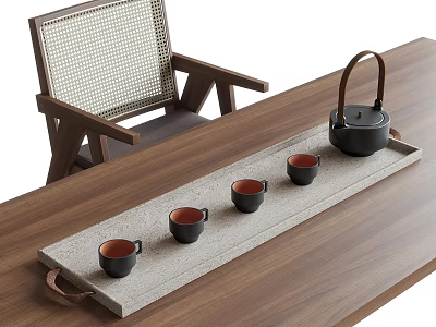 Elegant Tea Set with Teapot Teacups on Gray Tray Wooden Table and Rattan Chair 3d model