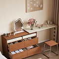 Wooden Dressing Table With Drawers Mirror Table Lamp Cosmetics Perfumes And Pink Flowers Near Curtains