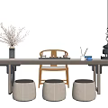 Modern Minimalist Tea Table and Chairs with Stools Tea Set Vase and Branches 3d model
