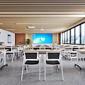Modern Meeting Room Interior Design With Large Windows City View And Arranged Tables Chairs