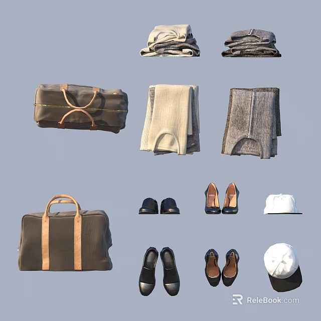 Versatile Daily Life Items With Leather Duffel Bags Wool Scarves Shoes And Hats 3d model 