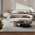 Modern Bedroom Interior Design With Bed Green Armchair Round Coffee Table And Ambient Lighting