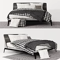 Modern Double Bed with Black White Checkered Bedding Pillows and Throw Blanket 3d model