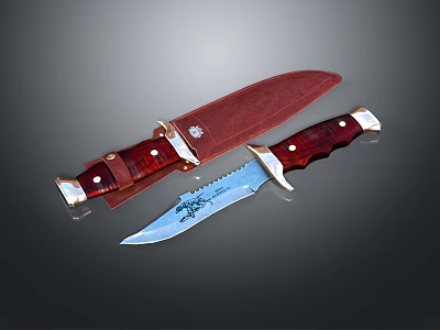 Handcrafted Fixed Blade Knife With Red Leather Sheath And Red Wooden Handle Engraved Blade 3d model