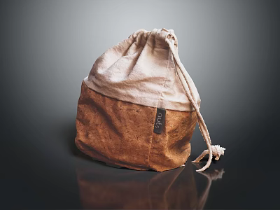 Practical Drawstring Storage Bag With Light Cotton Top And Brown Leather Base For Household Use 3d model