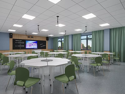 School Classroom Interior With White Round Tables Green Chairs Blackboard Display Screen Windows And Curtains 3d model