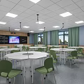 School Classroom Interior With White Round Tables Green Chairs Blackboard Display Screen Windows And Curtains
