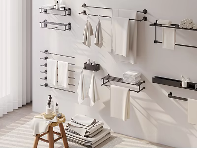 Minimalist Modern Bathroom Wall Storage Rack With Towel Bars Shelves And Towels 3d model