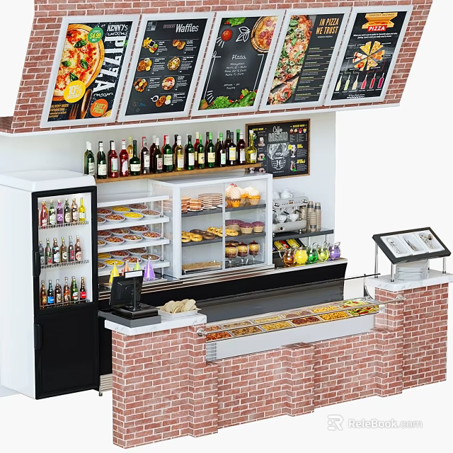 Restaurant Counter Area Featuring Menu Boards Beverage Displays Food Cases And Brick Walls 3d model 