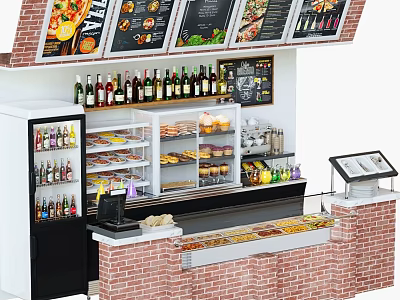Restaurant Counter Area Featuring Menu Boards Beverage Displays Food Cases And Brick Walls 3d model