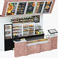 Restaurant Counter Area Featuring Menu Boards Beverage Displays Food Cases And Brick Walls