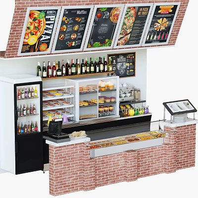 Restaurant Counter Area Featuring Menu Boards Beverage Displays Food Cases And Brick Walls 3d model
