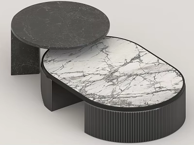 Modern Coffee Table Set With Black And White Marble Tops And Textured Black Bases 3d model