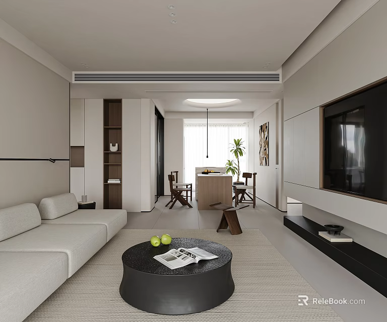 Modern Living Dining Room Design With White Sofa Black Coffee Table TV Wall Open Layout 3d model 