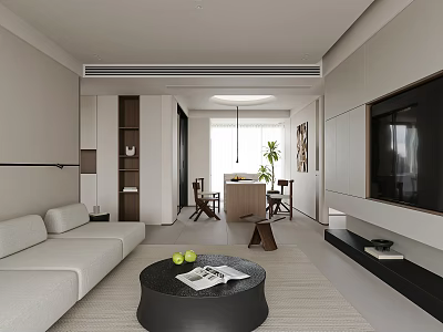 Modern Living Dining Room Design With White Sofa Black Coffee Table TV Wall Open Layout 3d model