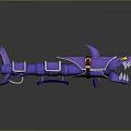 Purple Shark Shaped Weapon With Sharp Teeth Yellow Eyes And Belt Design
