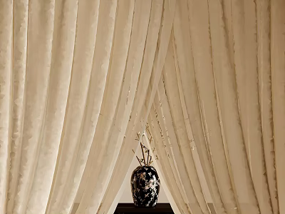 Elegant Beige Curtains With Flowing Drapery And Black Decorative Vase 3d model
