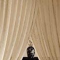 Elegant Beige Curtains With Flowing Drapery And Black Decorative Vase