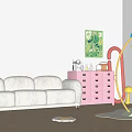 Pink Console Cabinet With Multiple Drawers Green Plant Painting Red Mirror And Decorative Items