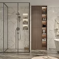 Modern Luxury Bathroom With Circular Backlit Mirror Marble Wall And Floating Wooden Vanity Cabinets