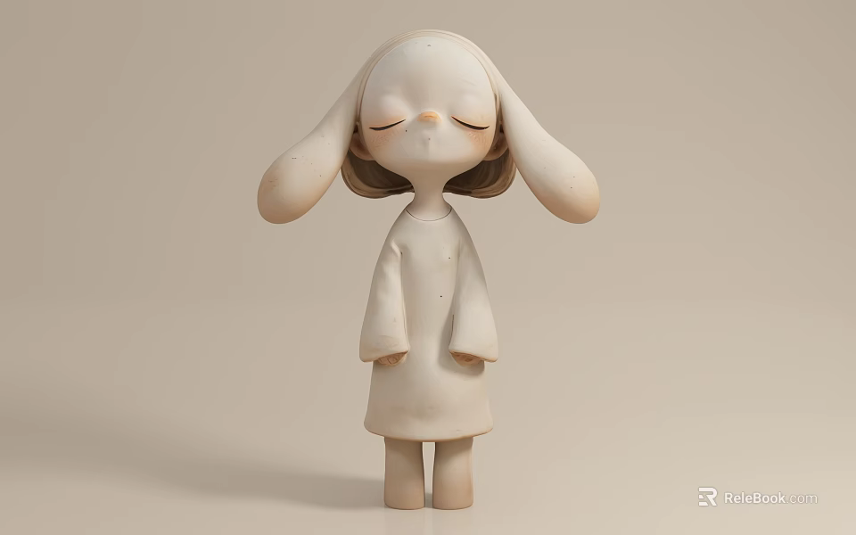 3D Cartoon Style Game Movie Character with Long Ears Closed Eyes and Beige Dress 3d model 