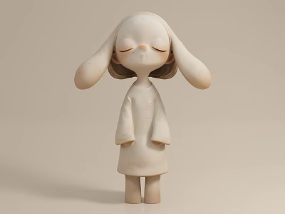 3D Cartoon Style Game Movie Character with Long Ears Closed Eyes and Beige Dress 3d model