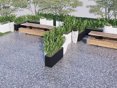 Outdoor Wooden Chairs in Garden with Green Plants White Black Planters Grey Gravel and Trees 3d model