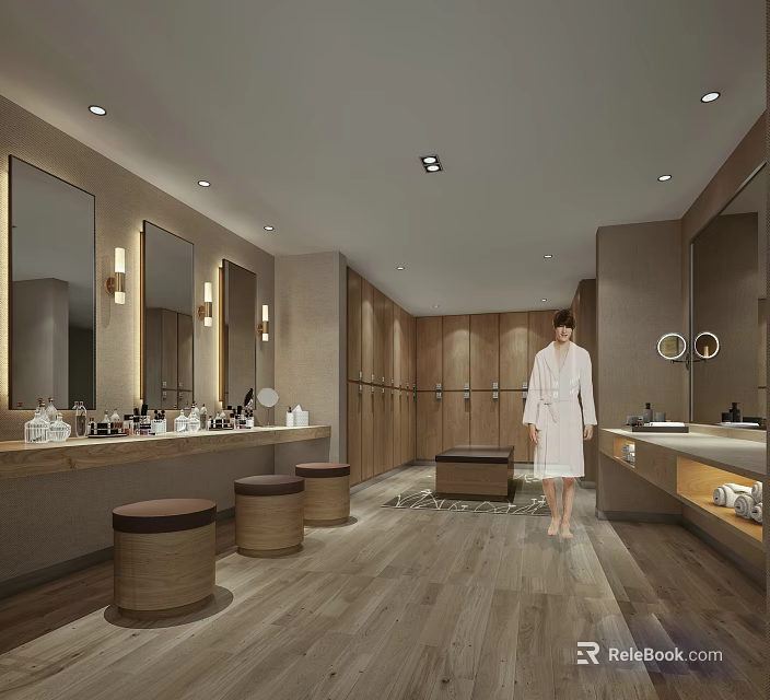 Modern Bathroom Interior Design With Person In Bathrobe Wooden Cabinets And Mirrors 3d model 