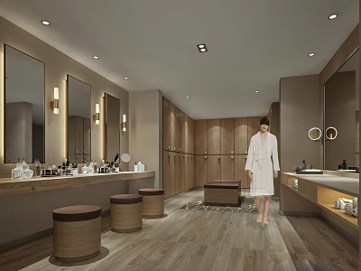 Modern Bathroom Interior Design With Person In Bathrobe Wooden Cabinets And Mirrors 3d model