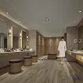 Modern Bathroom Interior Design With Person In Bathrobe Wooden Cabinets And Mirrors