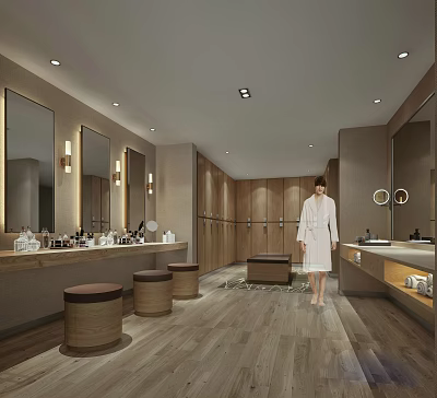 Modern Bathroom Interior Design With Person In Bathrobe Wooden Cabinets And Mirrors 3d model
