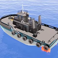 Black Gray Tugboat With Yellow Equipment And Rubber Tires Sailing On Blue Sea