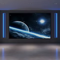 Modern Home Theater Room Design with Curved Blue Lighting L-shaped Sofa Coffee Tables and Projector